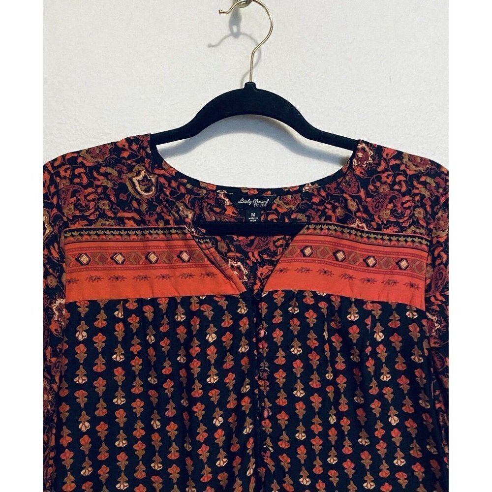 Lucky Brand Top Womens Medium Boho Print Popover 3/4 Sleeve Peasant Lightweight - Picture 2 of 5